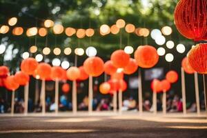 Orange Papier Laternen im das Mitte von ein Park. KI-generiert foto