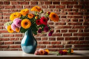 ein Vase mit bunt Blumen Sitzung auf ein Tisch. KI-generiert foto