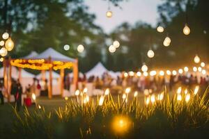 ein Hochzeit Rezeption mit Kerzen und Beleuchtung. KI-generiert foto