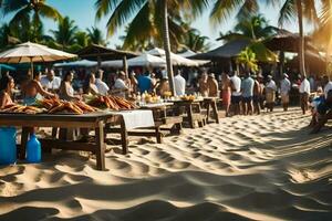 ein Strand mit Menschen Essen und Trinken beim Tische. KI-generiert foto