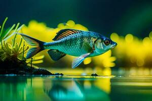 ein Fisch Schwimmen im das Wasser mit Gelb Pflanzen. KI-generiert foto