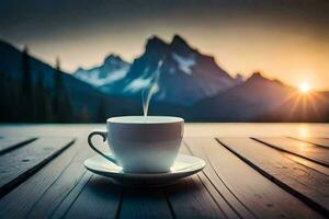 Kaffee Tasse auf das Tisch, Berge, Sonnenaufgang, Sonnenaufgang, das Berge, das Berge,. KI-generiert foto