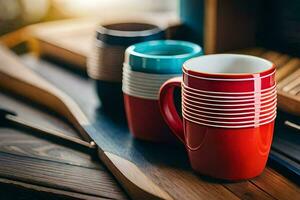 bunt Kaffee Tassen auf ein hölzern Tisch. KI-generiert foto