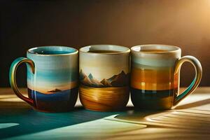 drei Kaffee Tassen mit Berge gemalt auf ihnen. KI-generiert foto