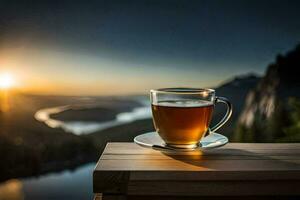 ein Tasse von Tee sitzt auf ein Tabelle mit Blick auf ein See und Berge. KI-generiert foto