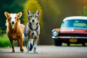 zwei Hunde Gehen auf das Straße Nächster zu ein Wagen. KI-generiert foto