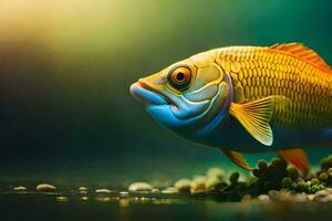 ein Fisch ist Stehen auf das Wasser mit ein hell Licht. KI-generiert foto