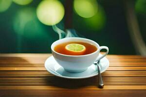 ein Tasse von Tee mit Zitrone Scheibe auf das Tisch. KI-generiert foto