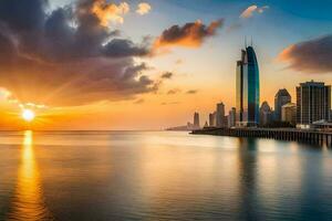 das Sonne setzt Über das Stadt Horizont im Dubai. KI-generiert foto