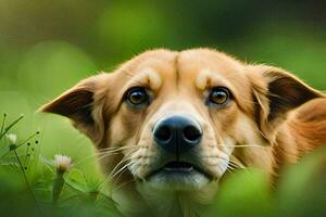 ein Hund suchen beim das Kamera im das Gras. KI-generiert foto