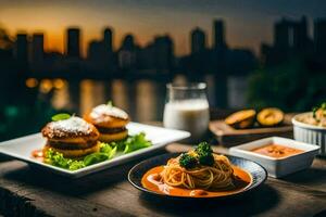 das Essen ist serviert auf ein hölzern Tabelle mit ein Aussicht von das Stadt. KI-generiert foto