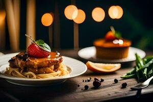 ein Teller von Essen mit Spaghetti und Erdbeeren. KI-generiert foto