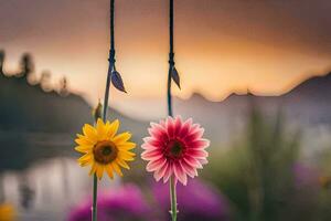 zwei Blumen hängend von ein Seil im Vorderseite von ein See. KI-generiert foto