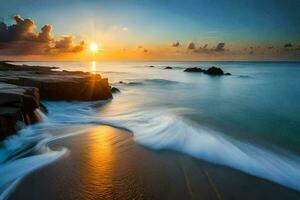 ein schön Sonnenuntergang Über das Ozean mit Wellen abstürzen in das Ufer. KI-generiert foto