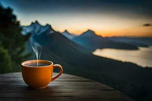 ein Tasse von Kaffee auf ein Berg oben. KI-generiert foto