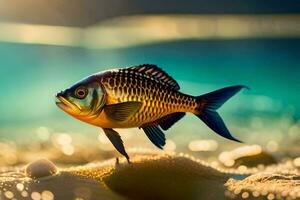 ein Fisch ist Stehen auf das Sand im Vorderseite von das Sonne. KI-generiert foto