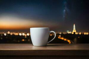 ein Tasse von Kaffee auf ein hölzern Tabelle im Vorderseite von das Eiffel Turm. KI-generiert foto