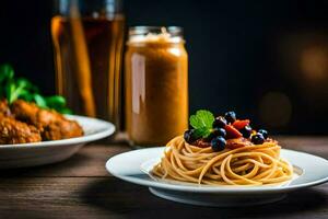 Spaghetti mit Blaubeeren und Tomate Soße auf ein Platte. KI-generiert foto