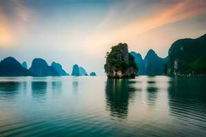 das Sonnenaufgang Über das Bucht von halong, Vietnam. KI-generiert foto