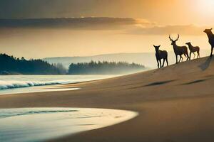 Hirsch auf das Strand beim Sonnenuntergang. KI-generiert foto