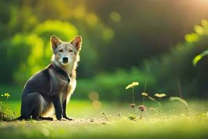 ein Hund Sitzung auf das Boden im das Sonne. KI-generiert foto