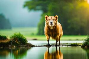 ein braun Bär Stehen im das Wasser. KI-generiert foto