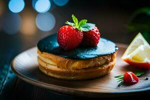 ein Dessert mit Schokolade und Erdbeeren auf ein hölzern Platte. KI-generiert foto