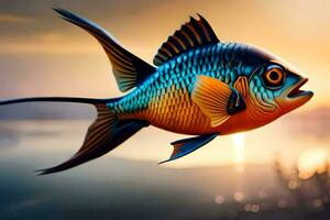 Fisch im das Wasser beim Sonnenuntergang mit ein Sonnenuntergang im das Hintergrund. KI-generiert foto