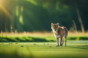 ein einsam Wolf steht im das Gras auf ein sonnig Tag. KI-generiert foto