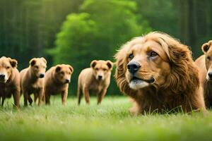 ein Gruppe von Hunde und ein Löwe im das Gras. KI-generiert foto