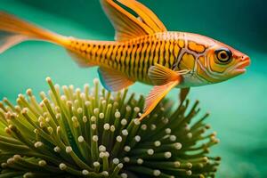 ein Fisch mit ein Gelb und Orange Körper ist auf oben von ein Grün Pflanze. KI-generiert foto