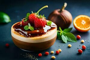 ein Dessert mit Schokolade, Erdbeeren und Minze. KI-generiert foto