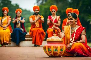 ein Frau im Orange und Gelb Kleid Sitzung auf das Boden mit andere Frauen im traditionell indisch Outfits. KI-generiert foto