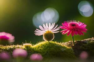 zwei Rosa Blumen sind Stehen auf oben von ein moosig Stumpf. KI-generiert foto