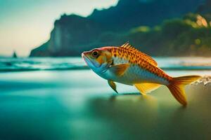 ein Fisch ist Stehen auf das Strand mit Wasser und Berge im das Hintergrund. KI-generiert foto