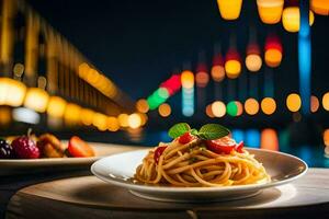 Pasta und Obst auf ein Teller im Vorderseite von ein Fluss. KI-generiert foto