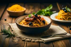 Spaghetti mit Fleisch und Gemüse im ein Schüssel auf ein hölzern Tisch. KI-generiert foto