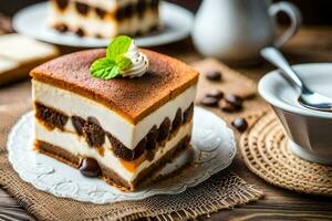 ein Scheibe von Kuchen mit Kaffee Bohnen und Minze Blätter. KI-generiert foto