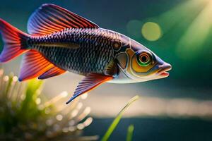 ein Fisch mit hell rot Augen und Grün Flossen. KI-generiert foto