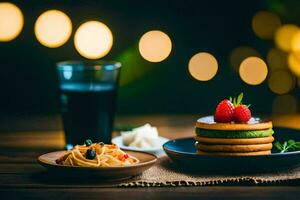 ein Teller von Pfannkuchen mit Erdbeeren und ein Glas von Milch. KI-generiert foto