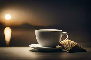 Kaffee Tasse und Eis Sahne auf hölzern Tisch. KI-generiert foto