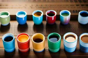 ein Reihe von bunt Tassen mit anders Farben. KI-generiert foto