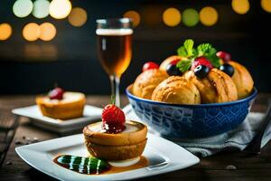 ein Teller mit Dessert und ein Glas von Wein. KI-generiert foto