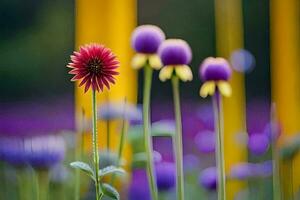 ein Blume ist im Vorderseite von ein Gelb Pole. KI-generiert foto