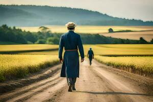 ein Mann im ein Blau passen Spaziergänge Nieder ein Schmutz Straße. KI-generiert foto