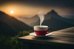 ein Tasse von Kaffee auf ein hölzern Tabelle im das Berge. KI-generiert foto