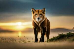 ein rot Fuchs steht im Vorderseite von das Sonnenuntergang. KI-generiert foto