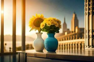 Sonnenblumen im Blau Vasen auf ein Balkon mit Blick auf das Stadt. KI-generiert foto