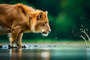 ein Löwe ist Stehen im das Wasser und planschen Wasser. KI-generiert foto