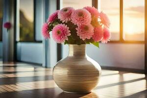 ein Vase mit Rosa Blumen Sitzung auf ein hölzern Boden. KI-generiert foto